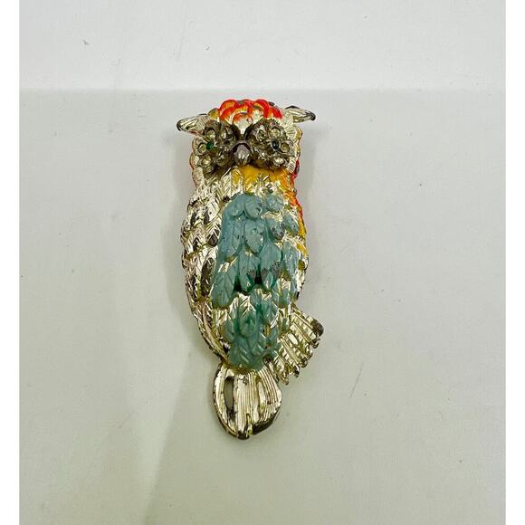 Vintage 1970's Enamel Green Rhinestone Owl Eyes Brooch Pin - Picture 1 of 4